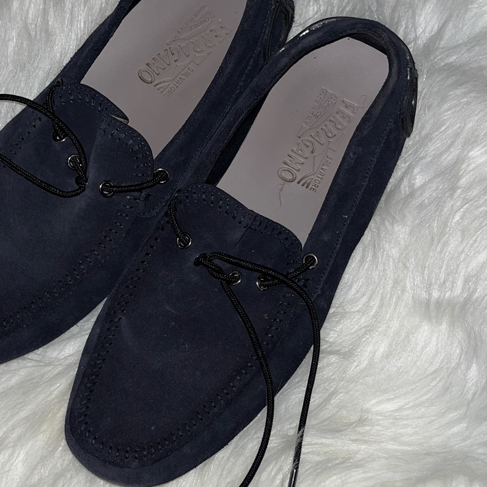 Salvatore Ferragamo Men's Dark Blue Suede Boat Shoes
